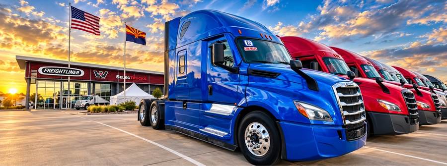 Freightliner trucks parked outside a dealership at sunset