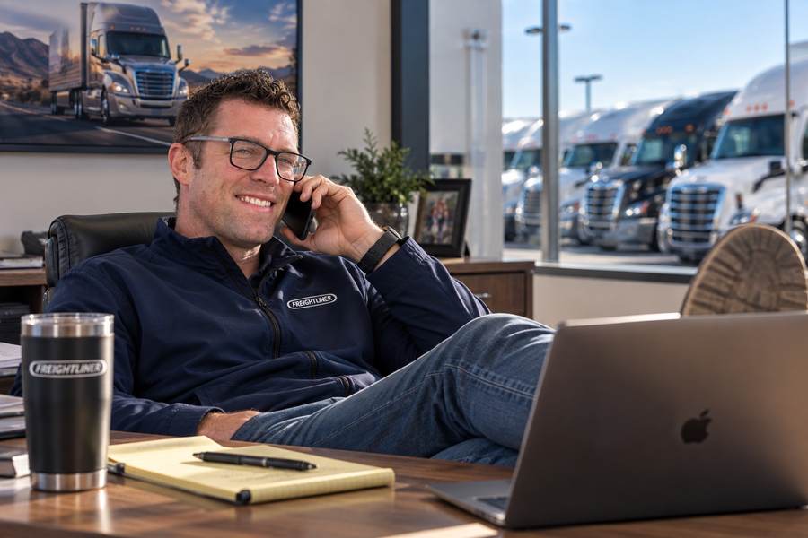 Rob on the phone at his desk, wearing Freightliner gear, with trucks visible through the window behind him